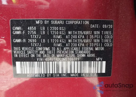 2021 Subaru Outback Premium z USA, uszkodzony, nr VIN 4S4BTADC3M3106789